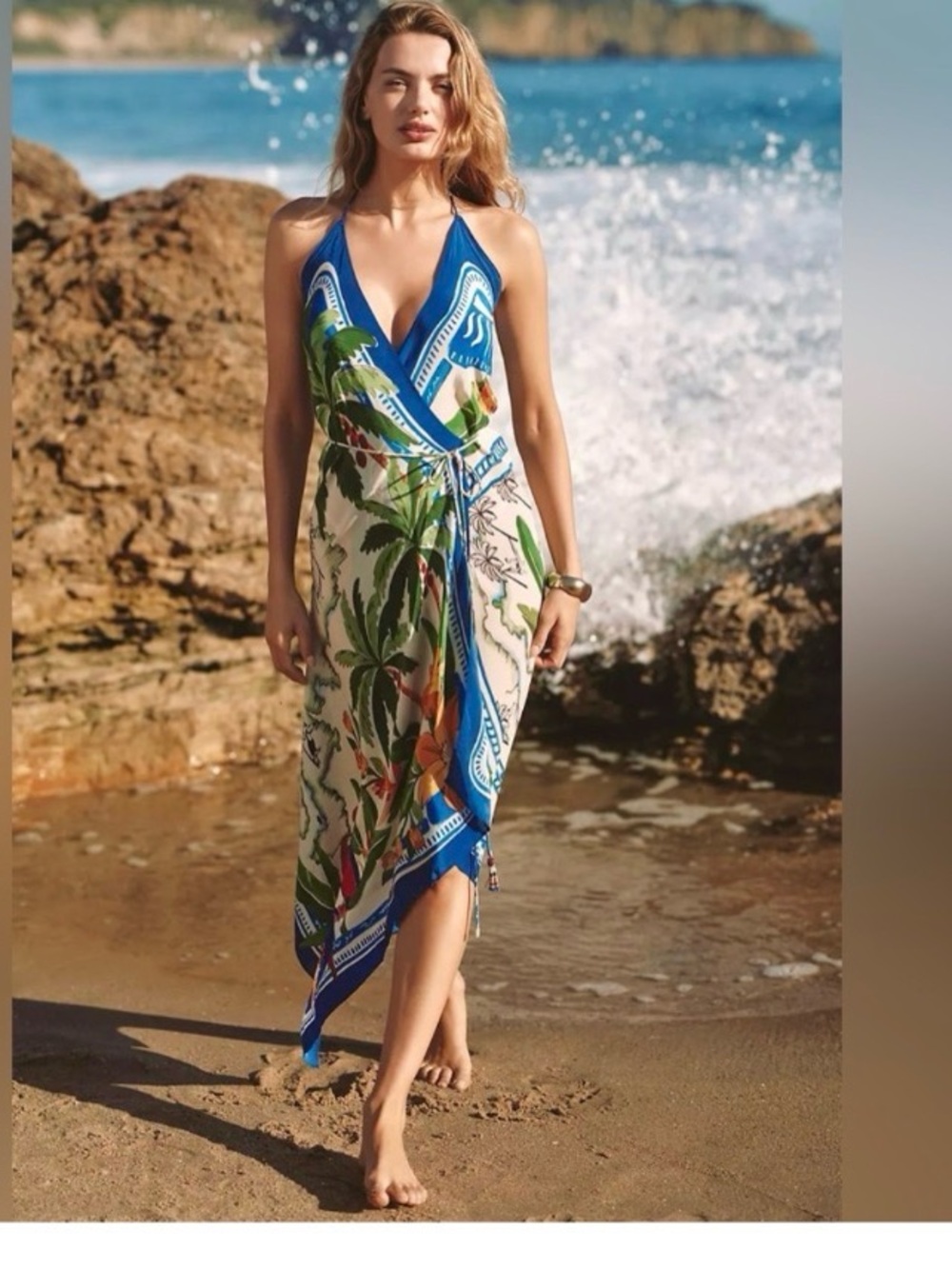 FARM Rio Blue and Green Tropical Halter Wrap Dress